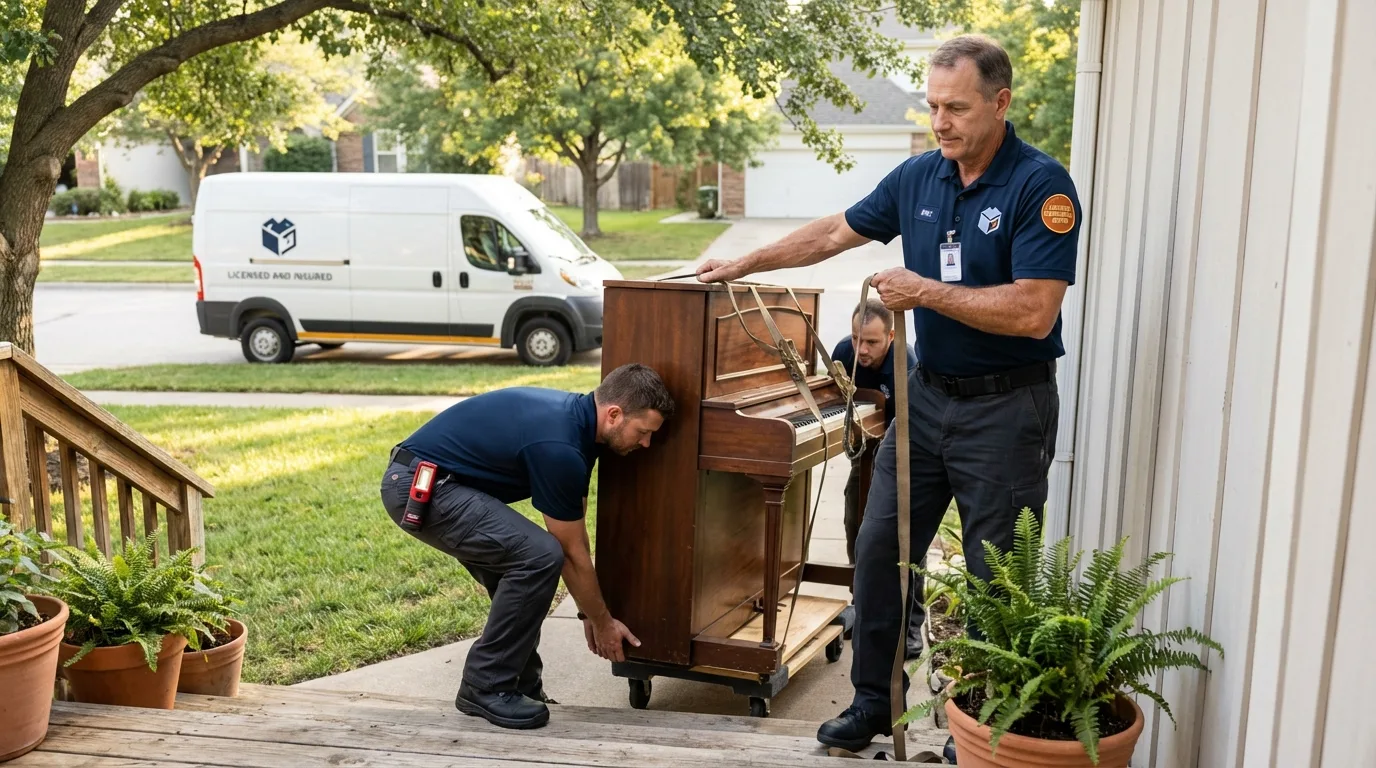 Licensed piano movers securing grand piano in Seagoville, TX