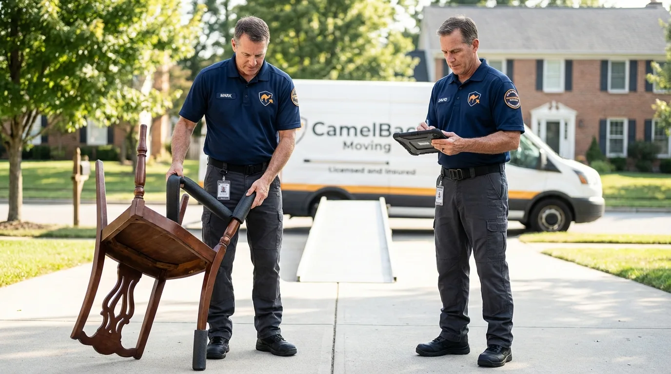 Movers inspecting furniture for damage prevention before loading in Seagoville, TX