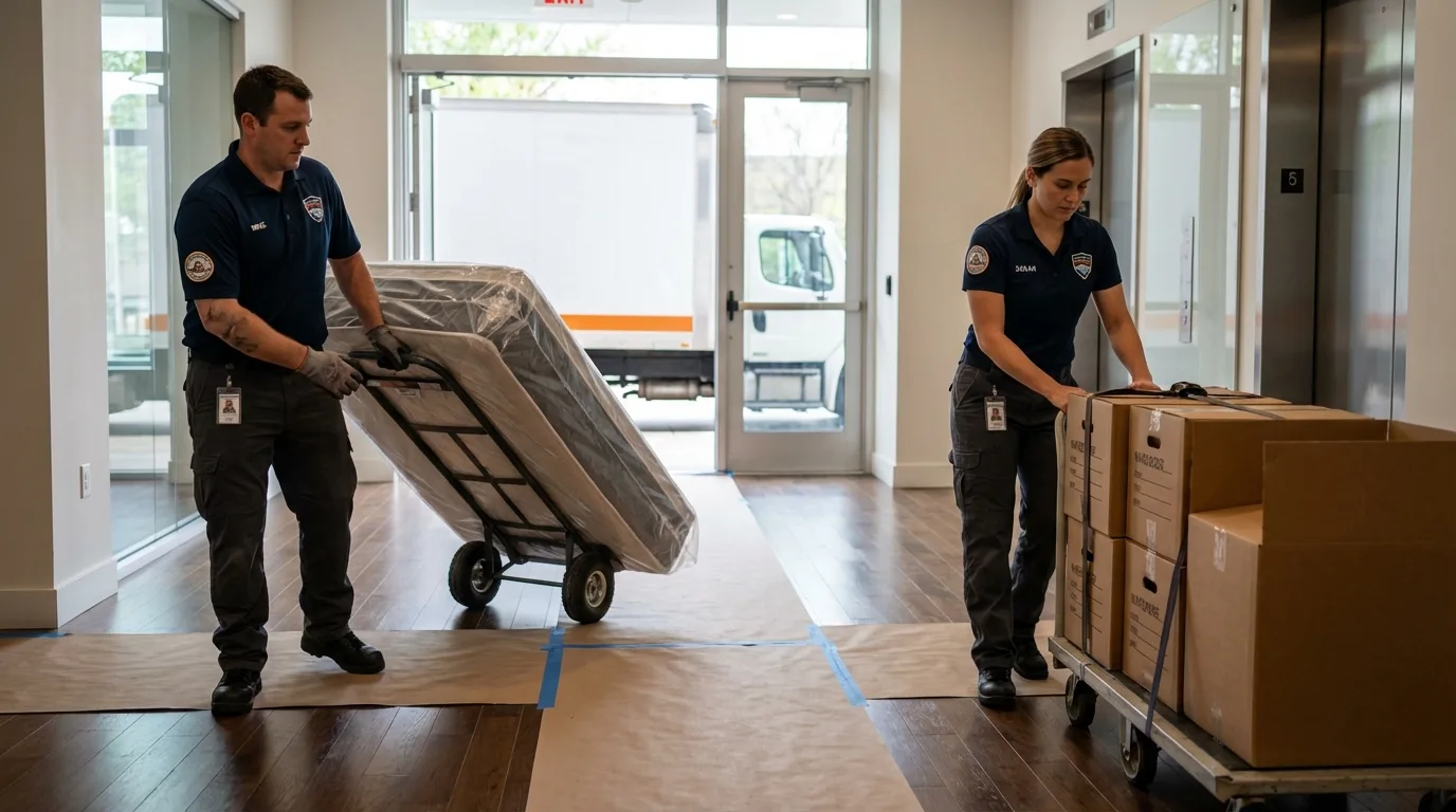 Professional apartment movers loading elevator in Seagoville, TX