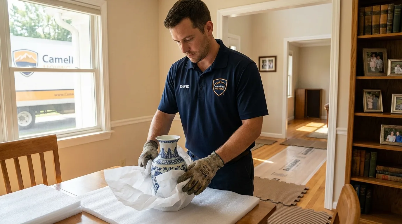 Professional crew carefully wrapping antique vase for senior downsizing move in Seagoville, TX